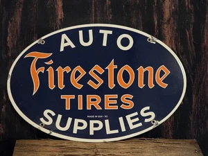 INSEGNA SERVIZIO PNEUMATICI AUTO PORCELLANA GAS AUTO AUTO VINTAGE 1953 FIRESTONE PNEUMATICI 16,5"x11" - Foto 1 di 5