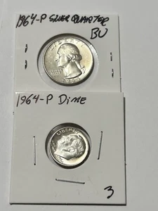 1964-P Washington Quarter & Roosevelt Dime Set 90% Silver Excellent Condition!! - Picture 1 of 16