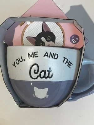 Caneca xícara de chá chocolate quente café gatinho gato com ponto cruz presente roxo - Imagem 1 de 4