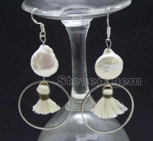 SALE White 13-14mm Coin natural Pearl and Metal Ring & White Tassel Earring-e640 - Picture 1 of 4