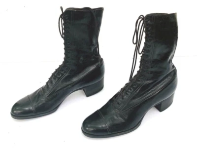 Vintage 20s Antique Black Leather Lace-up High Boots Shoes Mint Barely worn 7-8N - Image 1 of 4