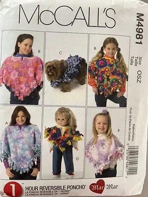 McCall's 1 Hr pattern M4981 Reversible Ponchos for Toddler to Adult & dog uncut - Image 1 of 2