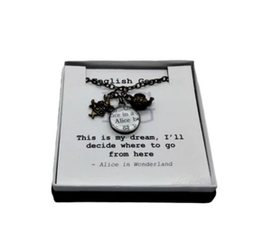 Alice in Wonderland Necklace Antique Bronze Choice of Quote etc on Box Insert - Picture 1 of 1