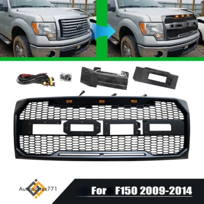 Front Bumper Grill Raptor Style Hood Grille ABS for F150 F-150 2009-2014 W/ LEDs - Image 1 of 4