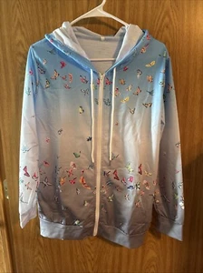 Felpa donna full zip con cappuccio taglia large blu grigio stampa farfalla nuova - Foto 1 di 3