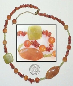 Gorgeous Earthy Green Jade & Brown-Orange Hessonite Garnet Gemstone Necklace 20" - Picture 1 of 5