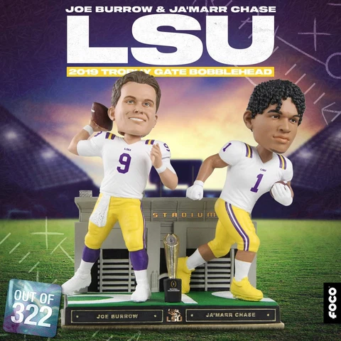 Joe Burrow & Ja’Marr Chase LSU TIGERS 2019 National Champs Trophy Bobblehead NIB Cover