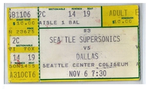 1986-87 Seattle Super Sonics v DALLAS MAVERICKS~ GAME USED Ticket Stub 11/06/86 Cover