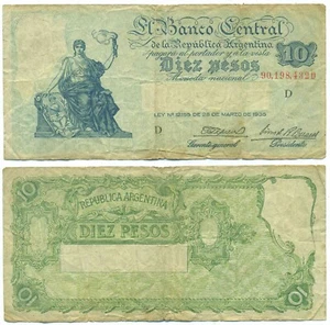 ARGENTINA NOTE 10 PESOS (1946) GAGNEUX-CASARES SUFFIX D B# 1887 P 253 FINE - Picture 1 of 1