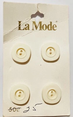 VTG La Mode Matte White Plastic Buttons Rounded Square 2 Hole 5/8" 4 on Card - Image 1 of 4