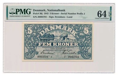 DENMARK banknote 5 Kroner 1943 PMG MS 64 EPQ Choice Uncirculated - Image 1 of 4