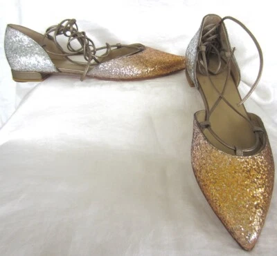 Stuart Weitzman Gilligan Gold & Silver Glitter Wrap Ballet Flats Shoes New Size - Image 1 of 4