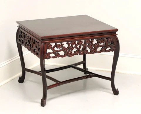 Asian Chinoiserie Rosewood Foliate Carved Square Accent Table Cover