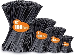 Bridas de cable con cremallera tamaños surtidos (4”+6”+8”+12”) nailon de alta resistencia negro resistente a los rayos UV - Imagen 1 de 13