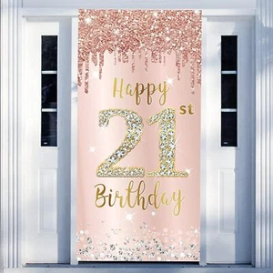 Happy 21St Birthday Door Banner Backdrop Decorations for Women, Pink Rose Gold 2 - Picture 1 of 2