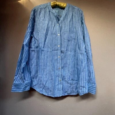 Camisa Tommy Bahama para mujer de lino a rayas con botones grande manga larga azul Foto 1 de 4