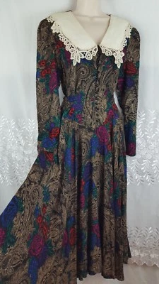 Vestido De Colección Años 80 Floral Oscuro Cachemira Botón Frontal Encaje Cuello Cottagecore Talla 8 EE. UU. Foto 1 de 4