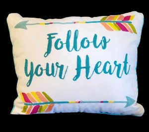 CREWEL Embroidered Southwest Pillow Cover 18x15 Tourquoise "Follow Heart" Arrows - Picture 1 of 5