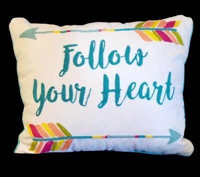 CREWEL Embroidered Southwest Pillow Cover 18x15 Tourquoise "Follow Heart" Arrows - Image 1 of 4