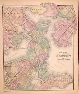 1874 Map ~ BOSTON - CHARLESTOWN - NORTH & SOUTH BOSTON - SOMERVILLE (14x17)-#05 - Picture 1 of 2