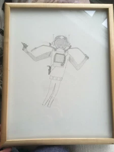 Vintage Mid Century Mod Space Age Astronaut Frog Man Abstract Pencil Drawing - Picture 1 of 7