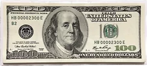 $100 Dollar Bill Note Low Fancy Serial Number 00002300 Six Of A Kind 0s Bookend - Picture 1 of 8