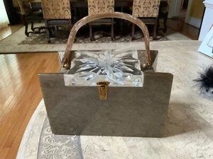 LLEWELLYN VINTAGE LUCITE DESIGNER PURSE ~ TAUPE MARBLE 1950’s~ New York~ Signed - Picture 1 of 4