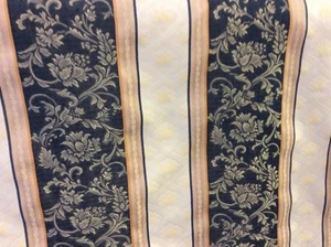 BLUE CURTAIN FABRIC Navy Gold Cream Damask Stripe 5m Cushions Upholstery - Picture 1 of 5
