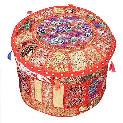 Patchwork Round FLOOR OTTOMAN POUF Red PILLOW COVER INDIAN DECOR Foot Stool - Image 1 of 4