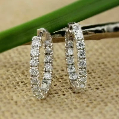 2Ct Round Cut VVS1 Moissanite Huggie Hoop Women's Earrings 14K White Gold Plated - Image 1 of 3