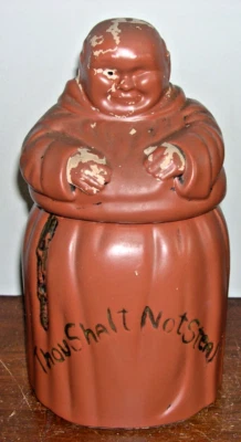 VINTAGE CERAMIC FRIAR TUCK MONK COOKIE JAR “THOU SHALT NOT STEAL ” 12" - Image 1 of 4