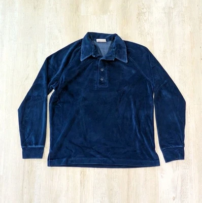 Vintage 70s Velour King's Road Knit Long Sleeve Polo Shirt Men's Large Blue  - Image 1 of 4