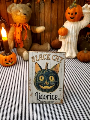 VINTAGE STEAMPUNK GOTHIC PRIMITIVE STYLE HALLOWEEN BLACK CAT LICORICE WOOD SIGN - Image 1 of 4