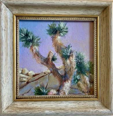 Pintura del desierto del árbol de Joshua - Pequeño arte paisajístico del suroeste 5x5 en marco rústico Foto 1 de 4