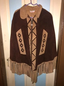 Vintage 40's-50's Penney's Leather 2-Tone Suede Zip Front Fringed Poncho Mexico - Picture 1 of 9