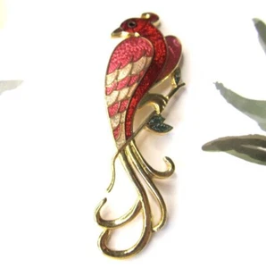Premier Designs Figural Red Bird Brooch Enamel Goldtone Metal Pin signed - Picture 1 of 6