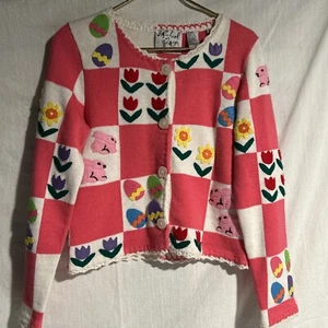Michael Simon New York 1996 Easter Cardigan pink white eggs bunny tulips Small - Picture 1 of 20