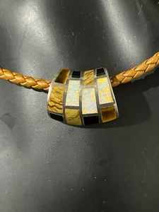 ESTATE STERLING OPAL/ PETRIFIED WOOD/ ONYX/ TIGERS EYE , MOSAIC SLIDER PENDANT - Picture 1 of 9
