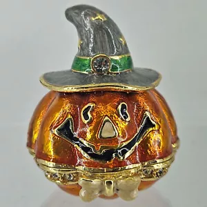 Enameled Halloween Jack O' Lantern in witch hat hinged Trinket Box Rhinestones - Picture 1 of 5