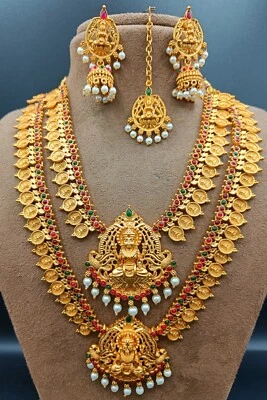 22K Gold Plated South Indian Temple Pearl Jewelry Bollywood Ethnic Necklace Sets - Image 1 of 4