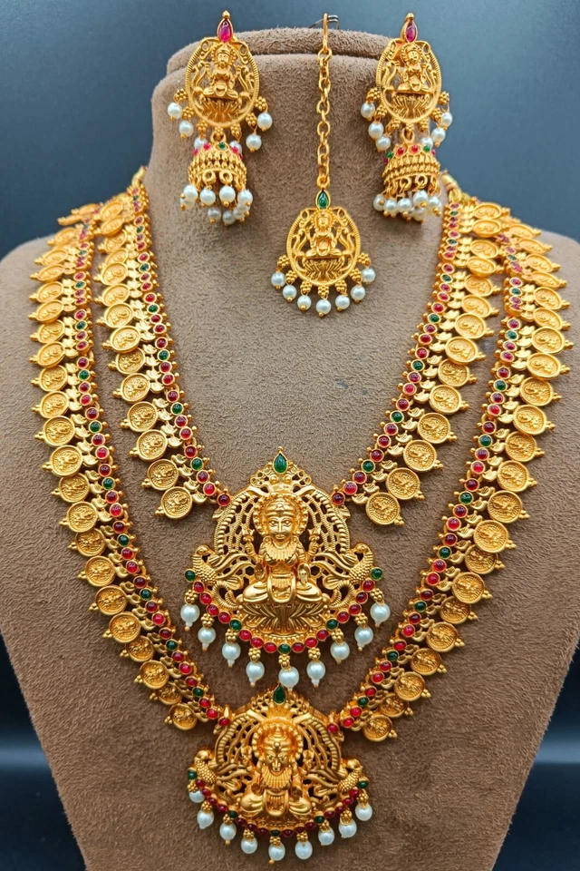 Gold Plated South Indian Temple Pearl Jewelry Bollywood Ethnic Necklace Sets - Image 1 of 4