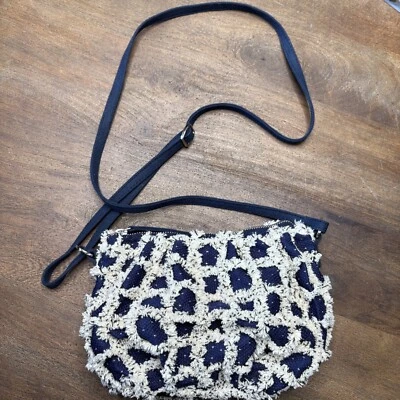 Free People Crossbody Bag Blue Ivory Fringed Boho Festival Purse Small - Image 1 of 4