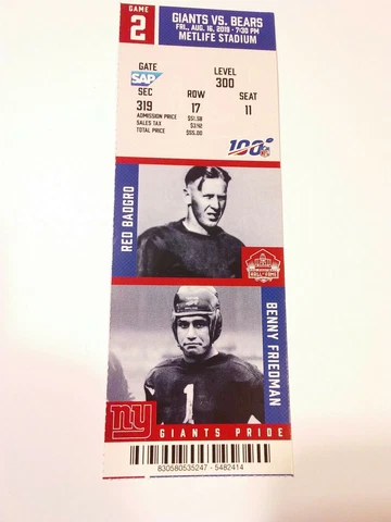 2019 New York Giants Chicago Bears NFL Football Full Ticket Stub Cover