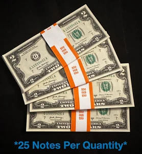 NEW Uncirculated Two Dollar Bills Series 2017A $2 Sequential Notes Lot of 25 - Picture 1 of 5