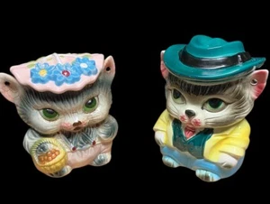 VINTAGE SET 50’s SEALY MR AND MRS KITTY ANTHROPOMORPHIC BISCUIT JARS SEE DESC! - Picture 1 of 9