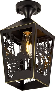 Farmhouse Semi Flush Mount Ceiling Light Fixture, Rustic Black Metal Deer Animal - Picture 1 of 6