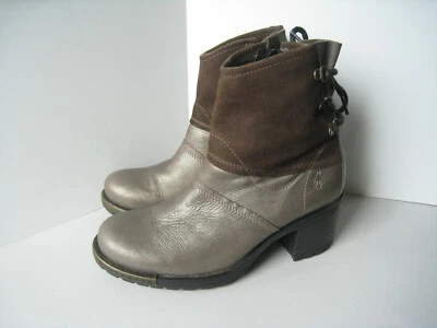 Fly London Womens 39 US 8 Ankle Boots Brown Suede Bronze Leather Heels Studs Zip — 第 1/4 张图片