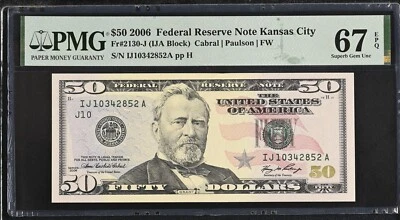 2006 $50 Federal Reserve Note Fr-2130-J Kansas City PMG67 Superb Gem EPQ - Image 1 of 2