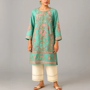 Sana Safinaz Aqua Green Pink Floral Embroidered Kurta Size Small - Picture 1 of 6