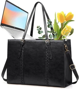 RAINSMORE Laptop Bag for Women, 15.6 inch Tote PU Leather Black - Picture 1 of 8